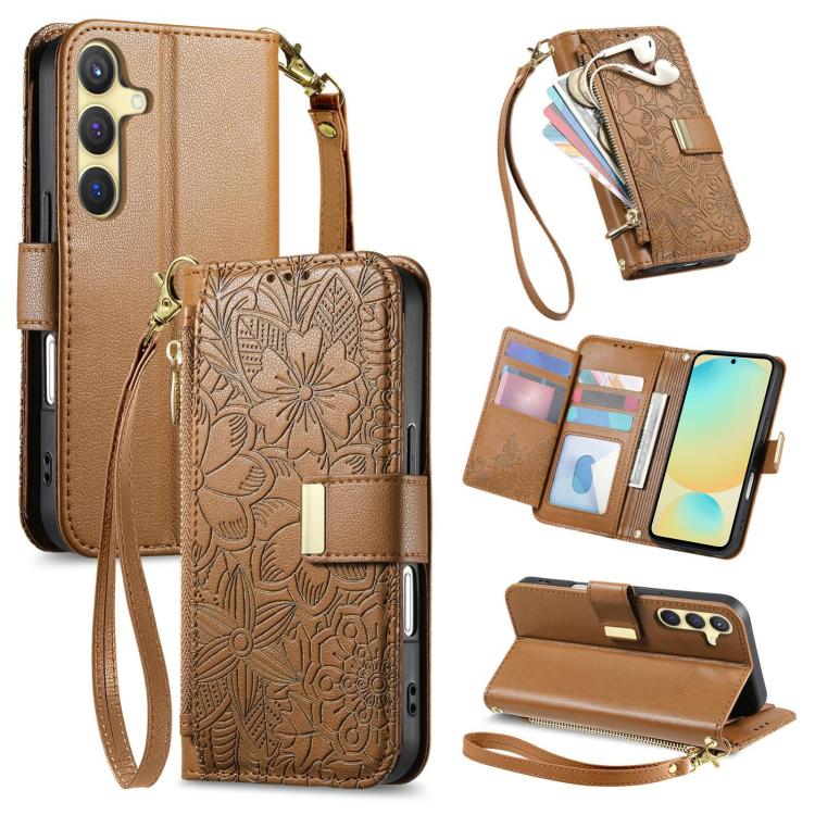Funda de cuero con cremallera y correa para Samsung Galaxy S24 FE 5G, diseño de flores y hojas (marrón)