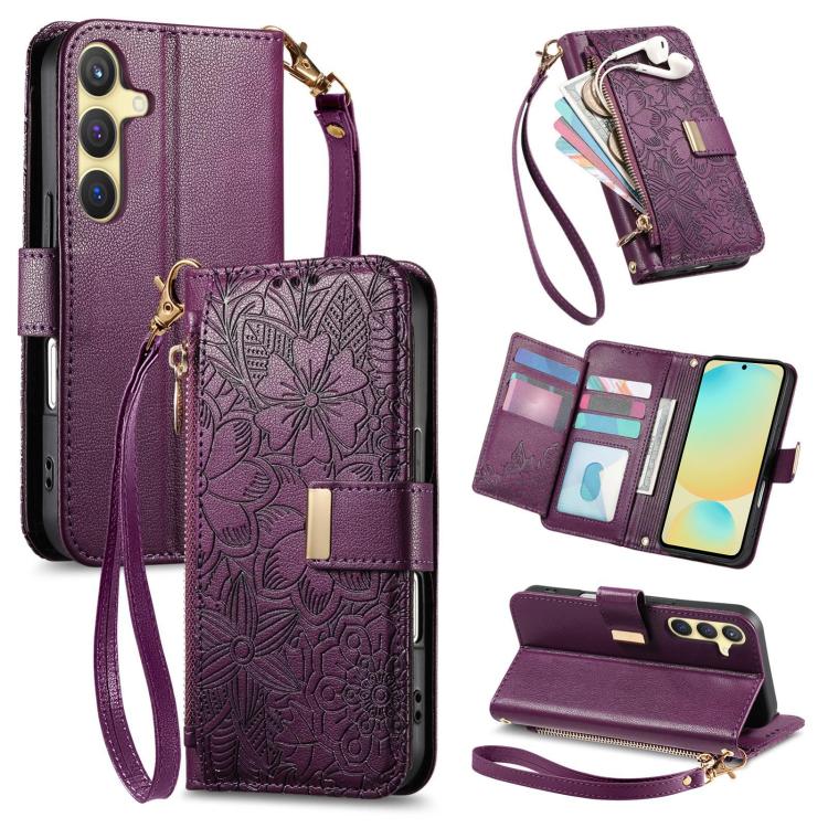 Funda de cuero con cremallera y correa para Samsung Galaxy S24 FE 5G, diseño de flores y hojas (morado)
