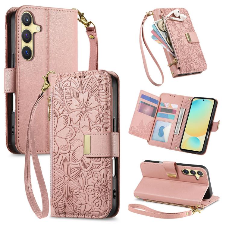 Funda de cuero con cremallera y correa para Samsung Galaxy S24 FE 5G, diseño de flores y hojas (rosa)