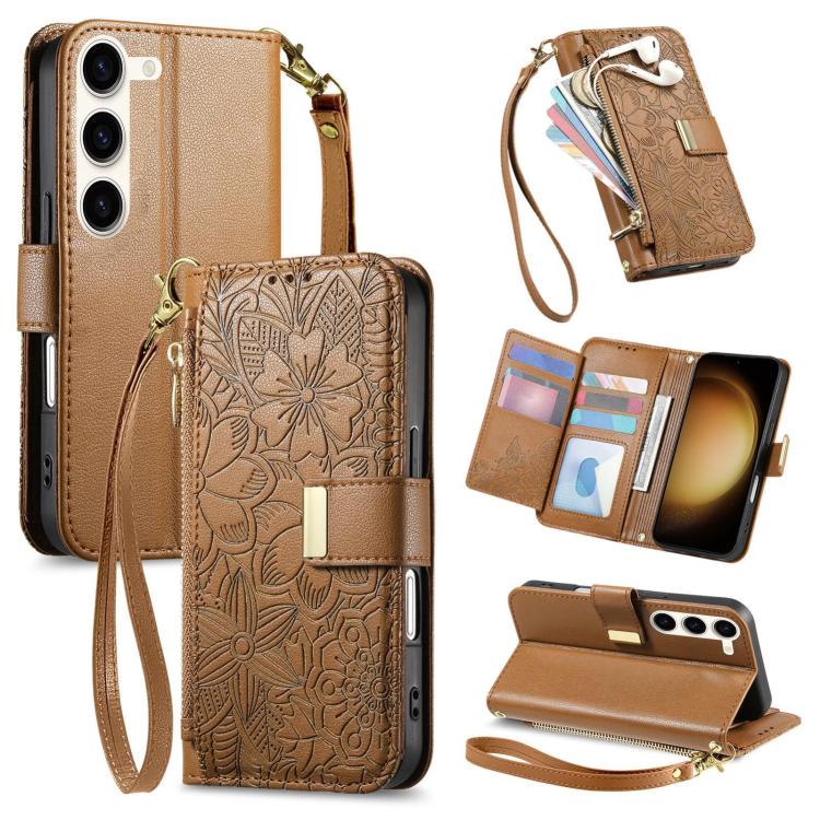 Funda de cuero con cremallera y correa para Samsung Galaxy S23 5G, diseño de flores y hojas (marrón)