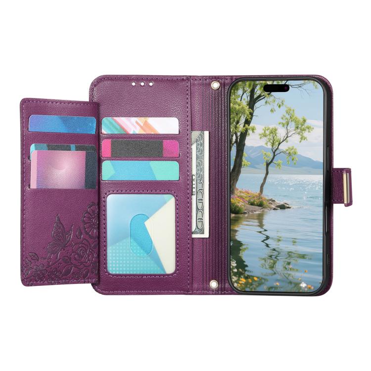 Funda de cuero con cremallera y correa para Samsung Galaxy S23 5G, diseño de flores y hojas (morado)
