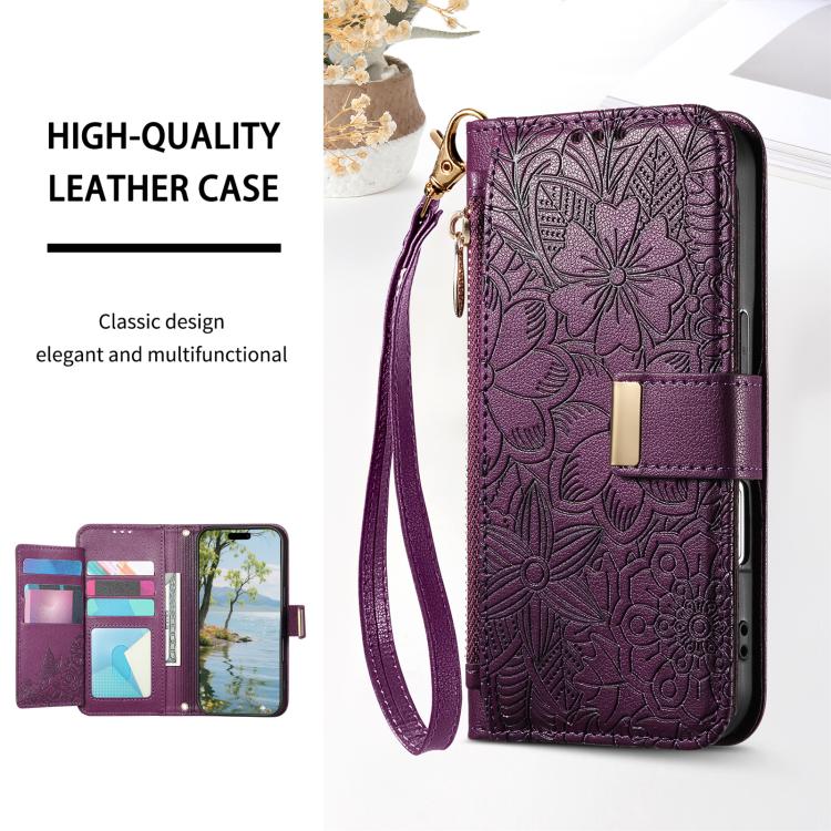 Funda de cuero con cremallera y correa para Samsung Galaxy S23 5G, diseño de flores y hojas (morado)