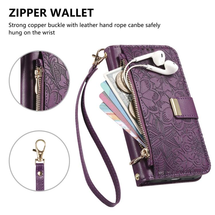 Funda de cuero con cremallera y correa para Samsung Galaxy S23 5G, diseño de flores y hojas (morado)