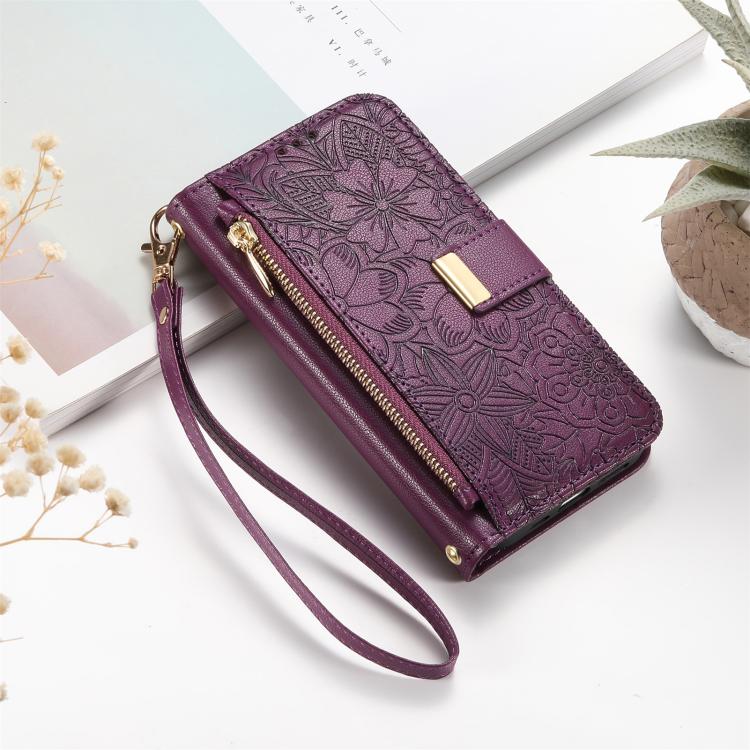 Funda de cuero con cremallera y correa para Samsung Galaxy S23 5G, diseño de flores y hojas (morado)