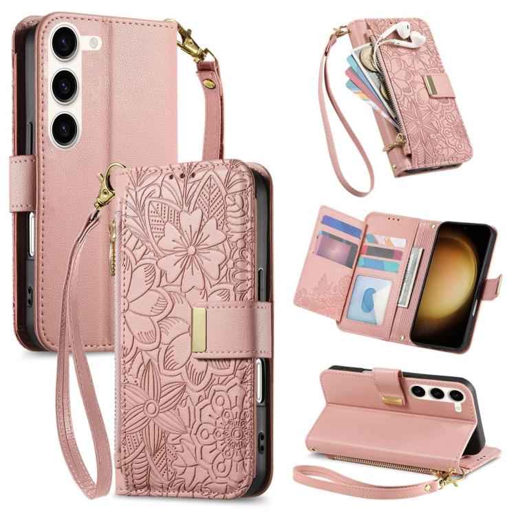 Funda de cuero con cremallera y correa para Samsung Galaxy S23 5G, diseño de flores y hojas (rosa)