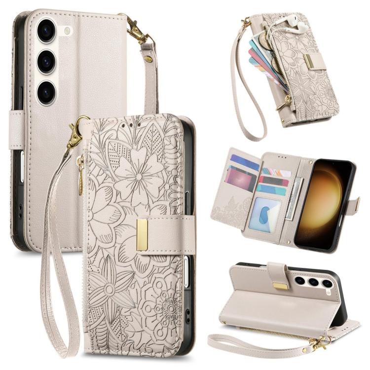 Funda de cuero con cremallera y correa para Samsung Galaxy S23 5G, diseño de flores y hojas (caqui)