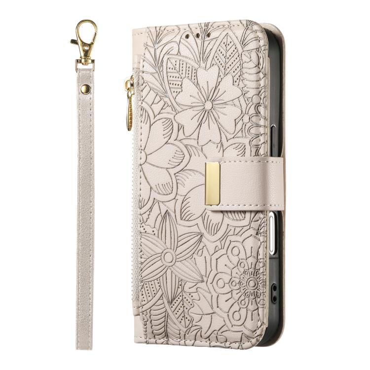 Funda de cuero con cremallera y correa para Samsung Galaxy S23 5G, diseño de flores y hojas (caqui)