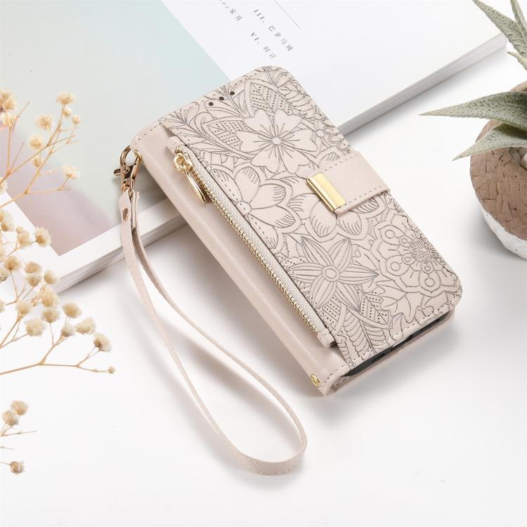 Funda de cuero con cremallera y correa para Samsung Galaxy S23 5G, diseño de flores y hojas (caqui)