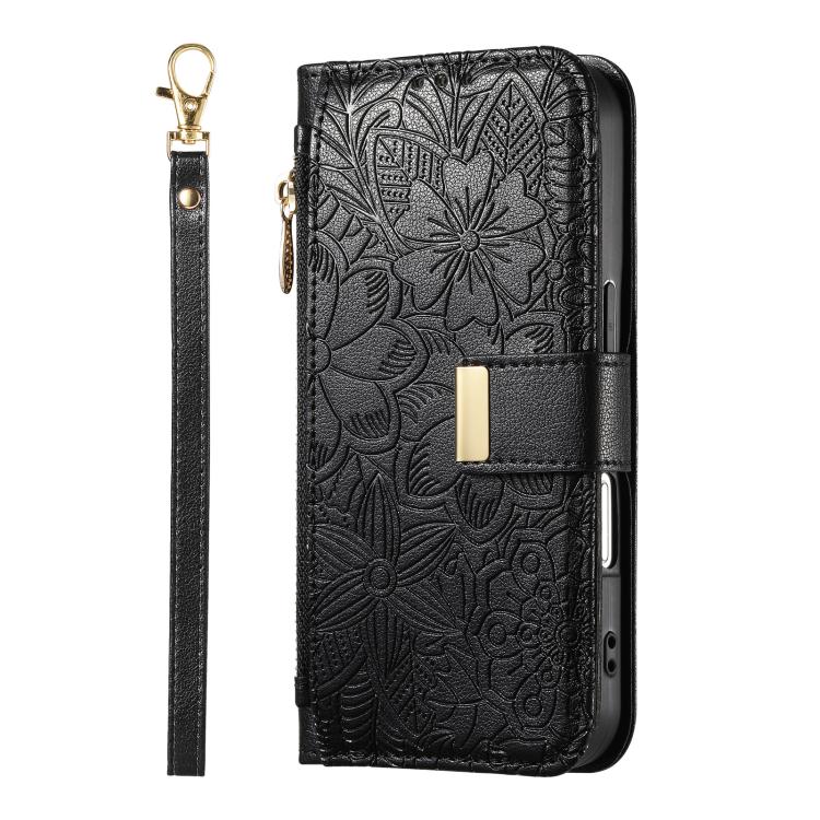 Funda de cuero con cremallera y correa para Samsung Galaxy S23+ 5G, diseño de flores y hojas (negro)