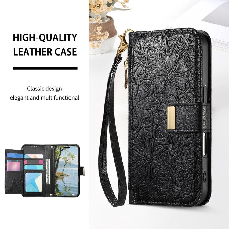 Funda de cuero con cremallera y correa para Samsung Galaxy S23+ 5G, diseño de flores y hojas (negro)