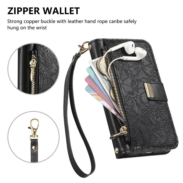 Funda de cuero con cremallera y correa para Samsung Galaxy S23+ 5G, diseño de flores y hojas (negro)