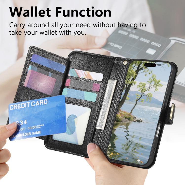 Funda de cuero con cremallera y correa para Samsung Galaxy S23+ 5G, diseño de flores y hojas (negro)