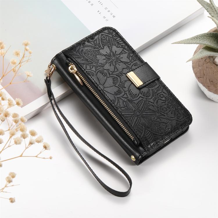 Funda de cuero con cremallera y correa para Samsung Galaxy S23+ 5G, diseño de flores y hojas (negro)