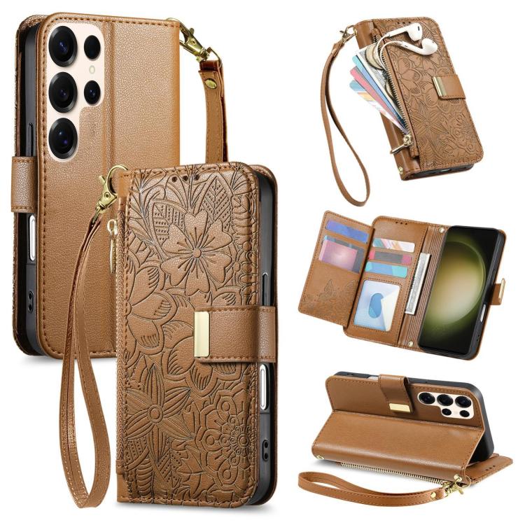 Funda de cuero con cremallera y correa para Samsung Galaxy S23 Ultra 5G, diseño de flores y hojas (marrón)