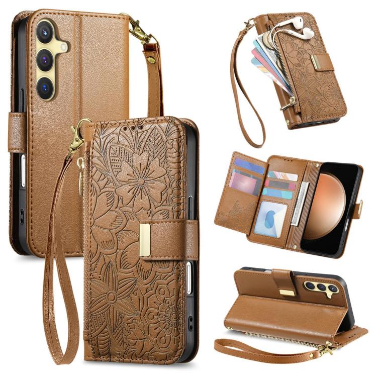 Funda de cuero con cremallera y correa para Samsung Galaxy S23 FE 5G, diseño de flores y hojas (marrón)