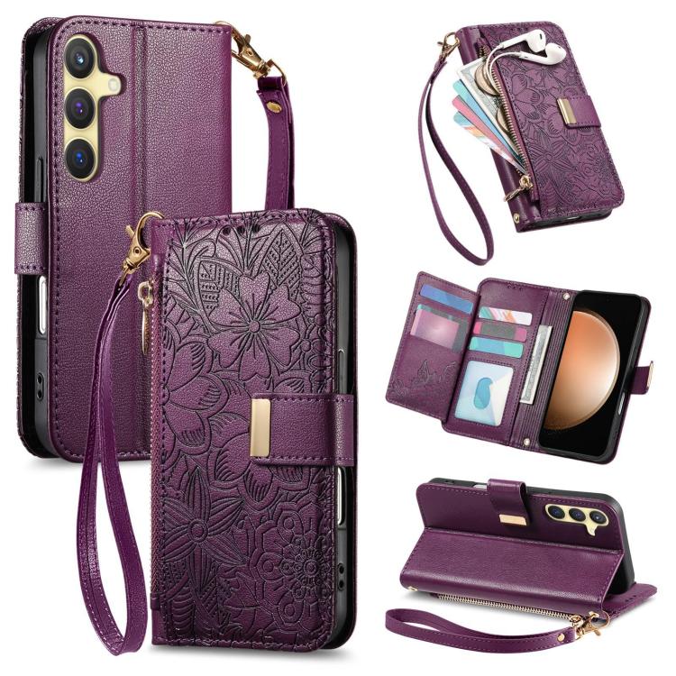Funda de cuero con cremallera y correa para Samsung Galaxy S23 FE 5G, diseño de flores y hojas (morado)
