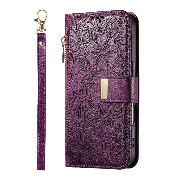 Funda de cuero con cremallera y correa para Samsung Galaxy S23 FE 5G, diseño de flores y hojas (morado)