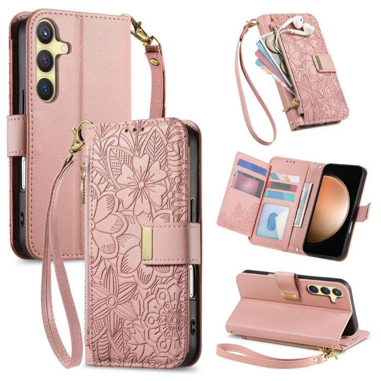 Funda de cuero con cremallera y correa para Samsung Galaxy S23 FE 5G, diseño de flores y hojas (rosa)