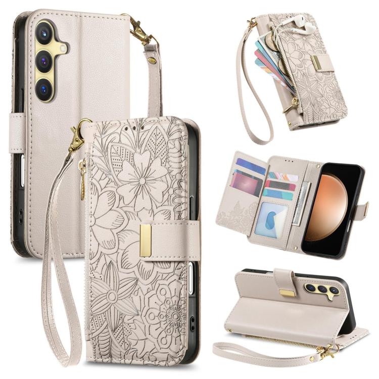 Funda de cuero con cremallera y correa para Samsung Galaxy S23 FE 5G, diseño de flores y hojas (caqui)