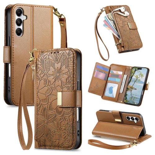 Funda de cuero con cremallera y correa para Samsung Galaxy A15, diseño de flores y hojas (marrón)