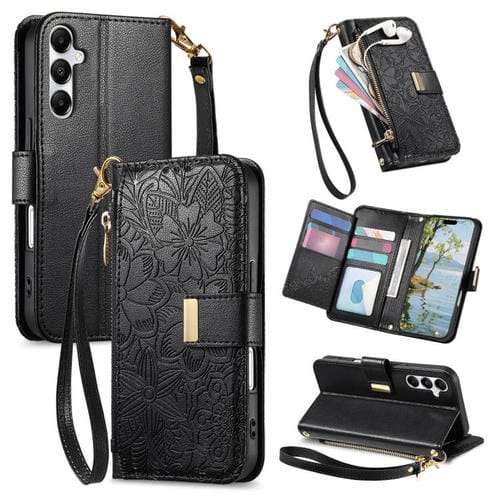 Funda de cuero con cremallera y correa para Samsung Galaxy A15, diseño de flores y hojas (negro)