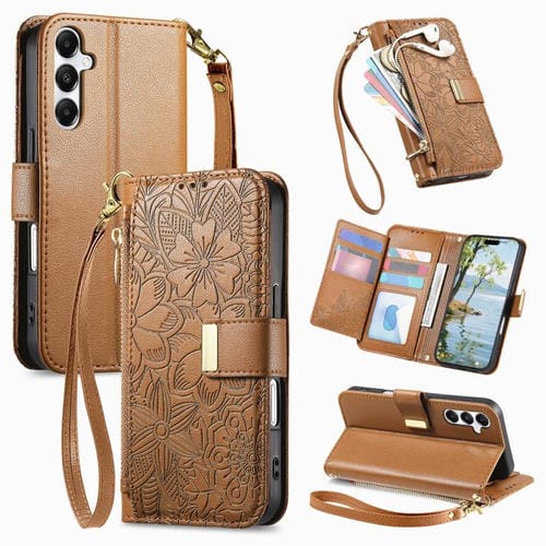 Funda de cuero con cremallera y correa para Samsung Galaxy A16, diseño de flores y hojas (marrón)