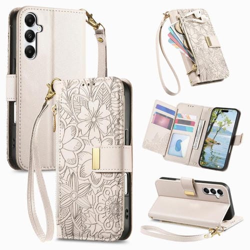 Funda de cuero con cremallera y correa para Samsung Galaxy A16, diseño de flores y hojas (caqui)