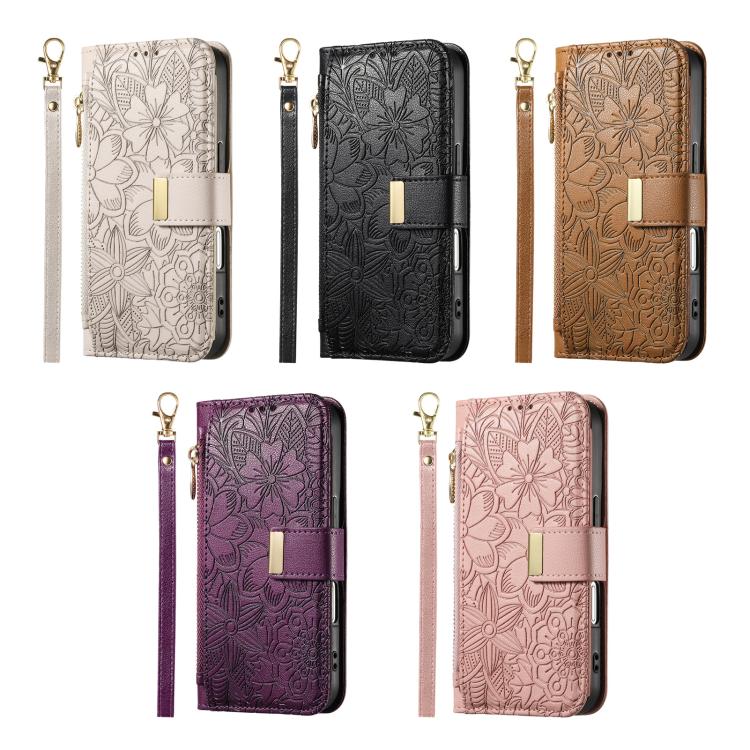 Funda de cuero con cremallera y correa para Samsung Galaxy S23 FE 5G, diseño de flores y hojas (morado)