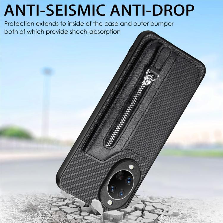 Funda tipo cartera con cremallera horizontal y tapa de fibra de carbono para Huawei Nova 14 (caqui)