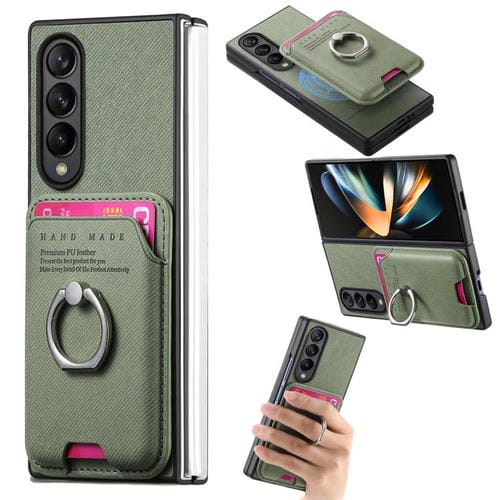 Funda magnética con anillo para Samsung Galaxy Z Fold3 5G, de tela sarga, con tarjetero (verde)