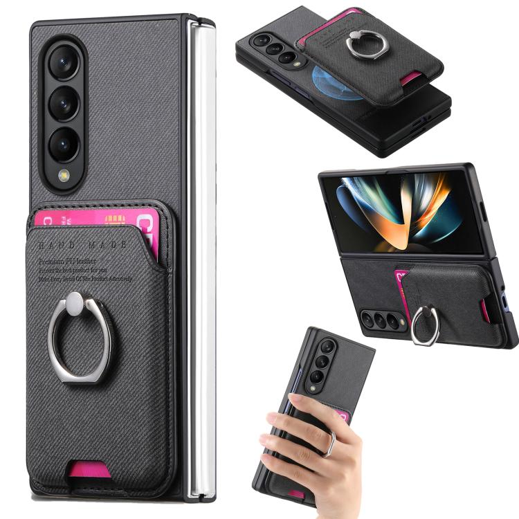 Funda magnética con anillo para Samsung Galaxy Z Fold4 5G, de tela sarga, color negro