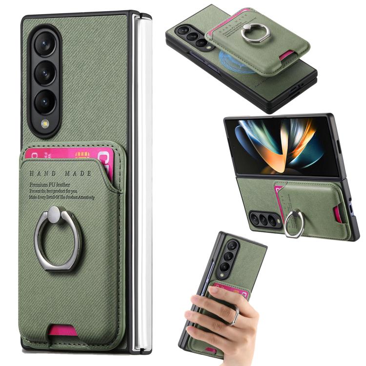 Funda magnética con anillo para Samsung Galaxy Z Fold4 5G, de tela sarga, con tarjetero (verde)