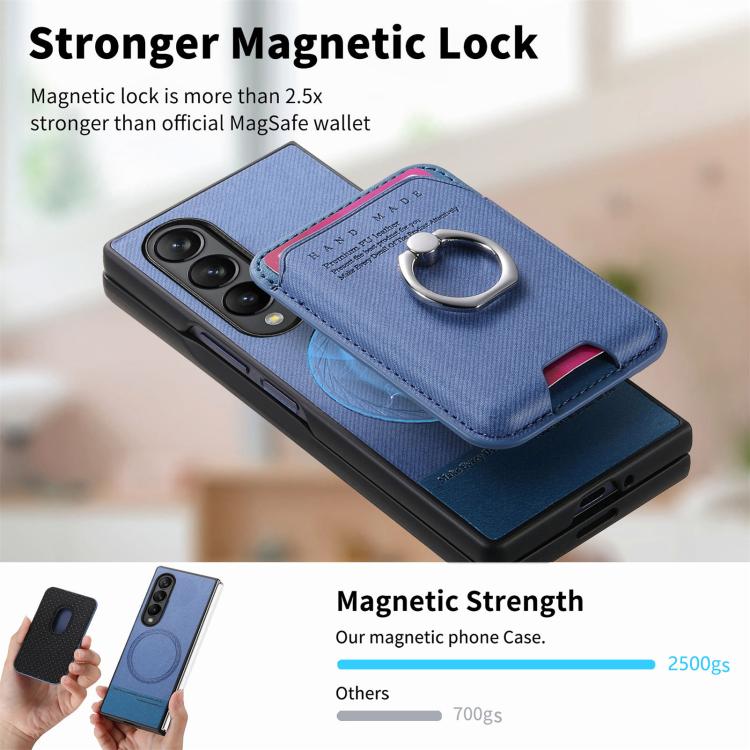 Funda magnética con anillo para Samsung Galaxy Z Fold4 5G, de tela sarga, con tarjetero (azul)