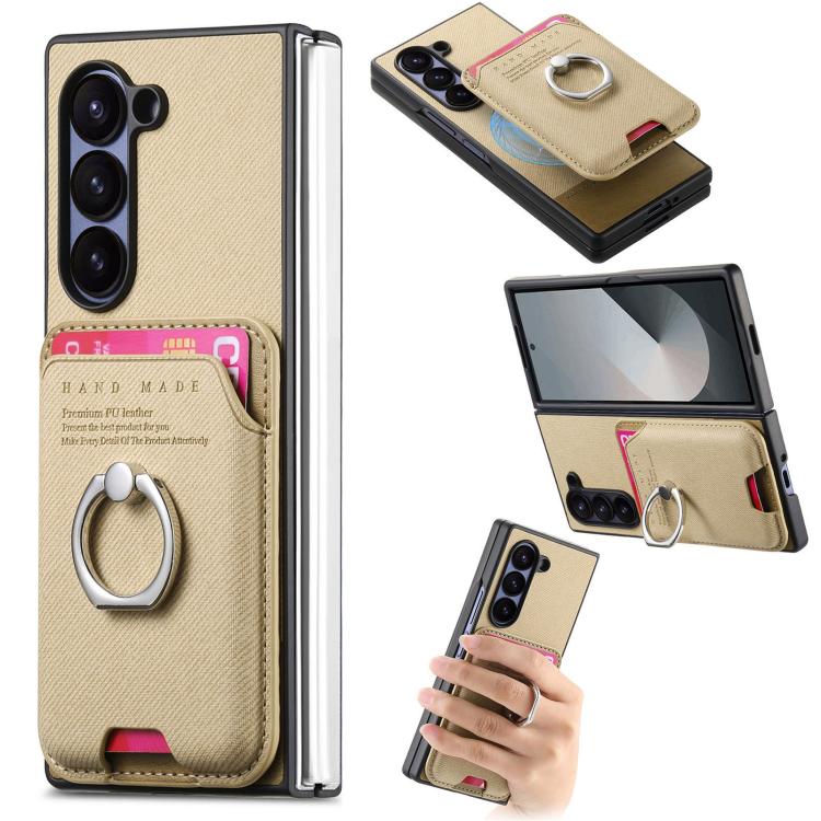 Funda magnética con anillo para Samsung Galaxy Z Fold5 5G, de tela sarga y tarjetero (caqui)