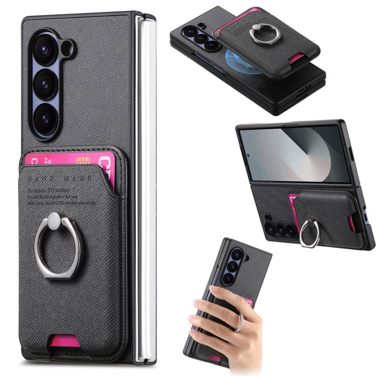 Funda magnética con anillo para Samsung Galaxy Z Fold6 5G, de tela sarga, color negro
