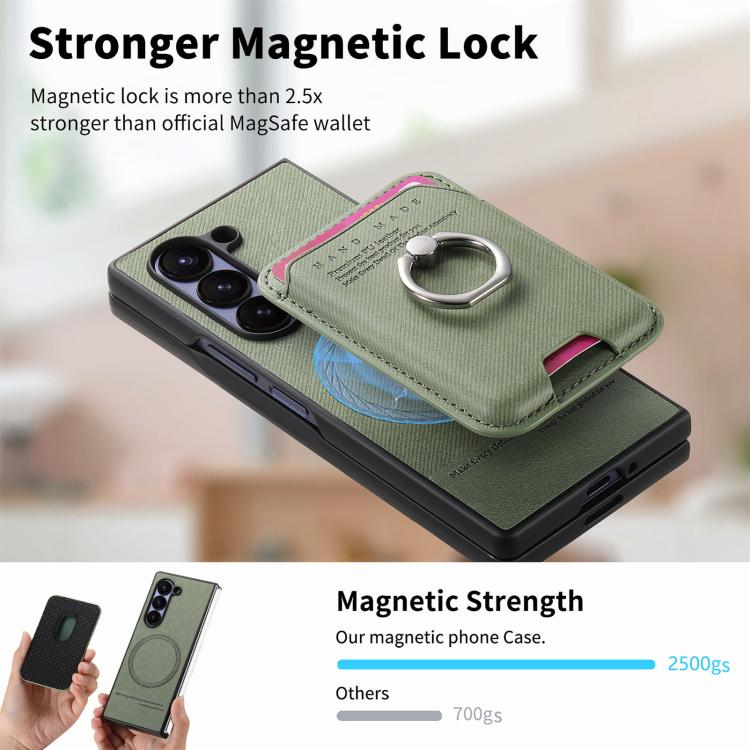 Funda magnética con anillo para Samsung Galaxy Z Fold6 5G, de tela sarga, con tarjetero (verde)