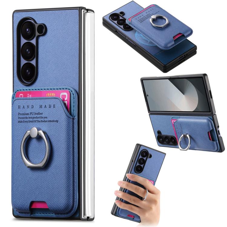 Funda magnética con anillo para Samsung Galaxy Z Fold6 5G, de tela sarga, con tarjetero (azul)