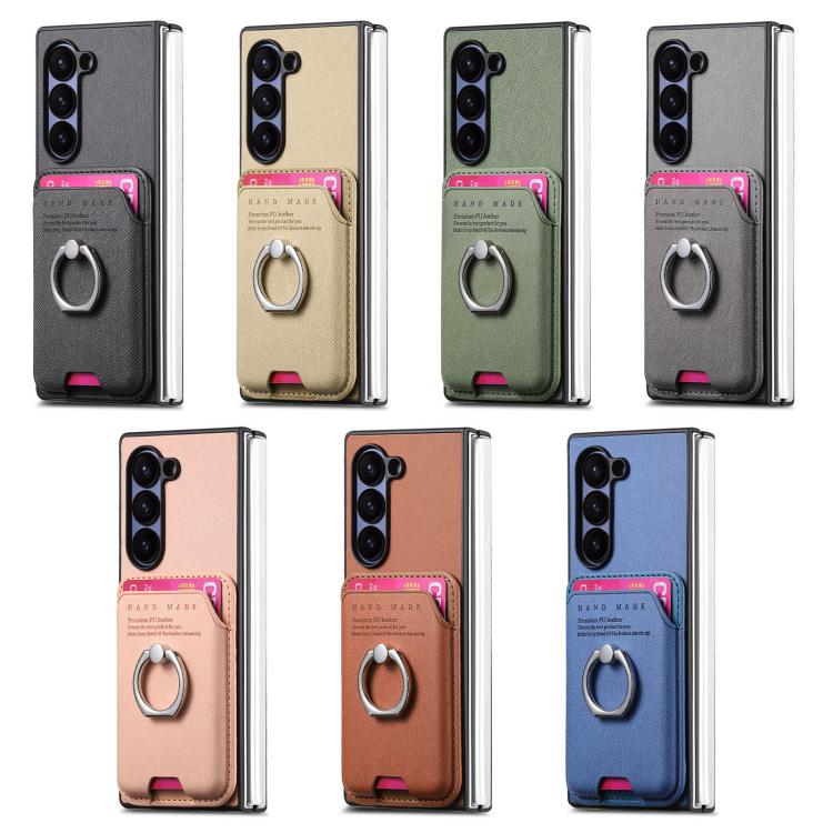 Funda magnética con anillo para Samsung Galaxy Z Fold6 5G, de tela sarga, con tarjetero (verde)