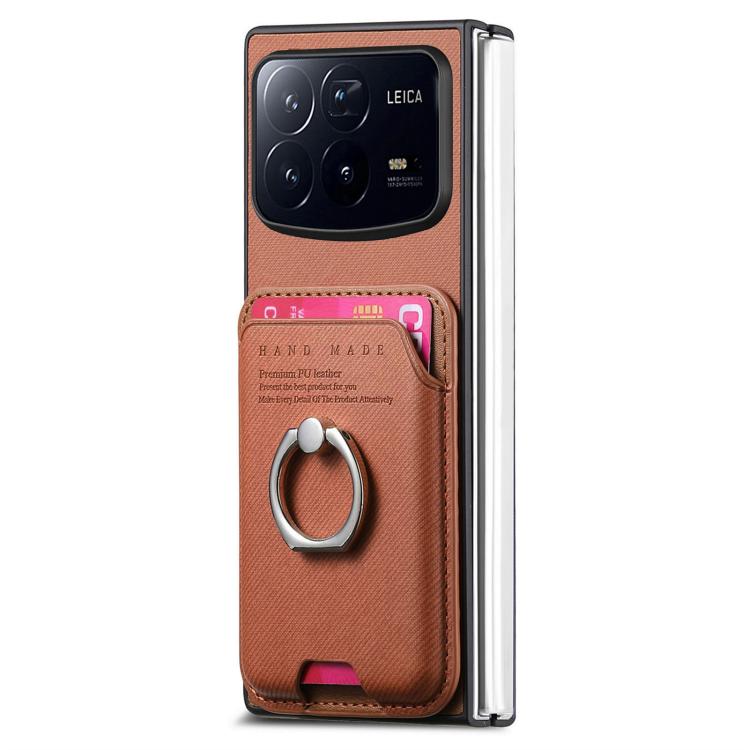 Funda magnética para Xiaomi Mix Fold 4, de tela sarga, con anillo para tarjetas (marrón)