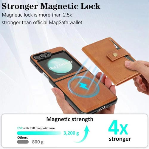 Funda de cuero con anillo MagSafe y botón magnético para Samsung Galaxy Z Flip6 (marrón)
