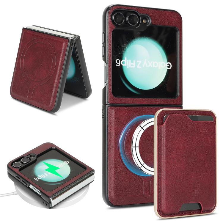 Funda de cuero con anillo magnético Kalebol Slim MagSafe para Samsung Galaxy Z Flip6 (roja)