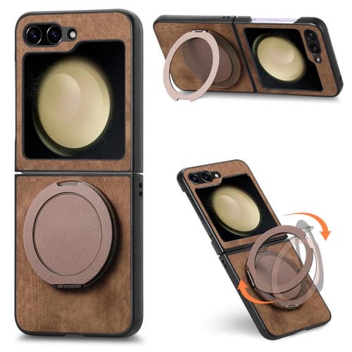 Funda de cuero retro con soporte giratorio redondo para Samsung Galaxy Z Flip5 5G (marrón)