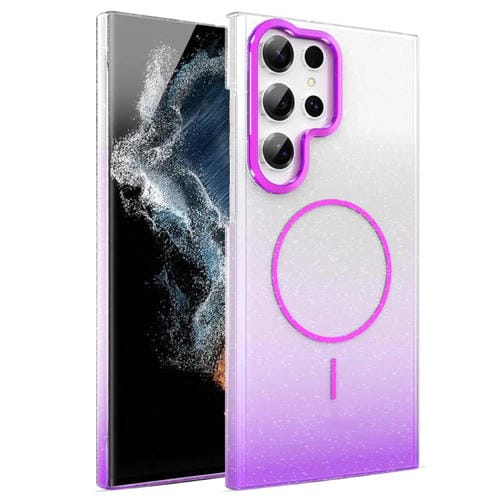 Funda MagSafe a prueba de golpes para Samsung Galaxy S22 Ultra 5G con purpurina dorada y degradado (morado)