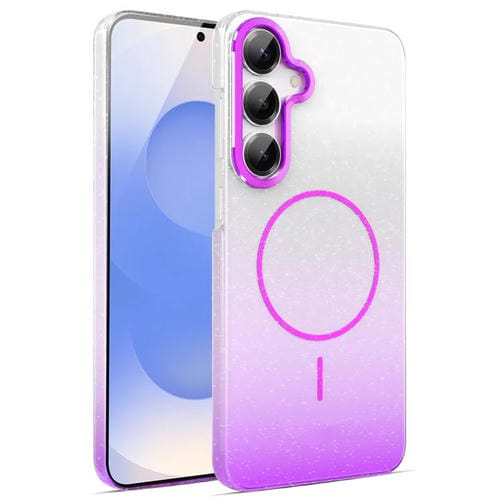 Funda MagSafe a prueba de golpes para Samsung Galaxy S25+ 5G con purpurina dorada y degradado (morado)