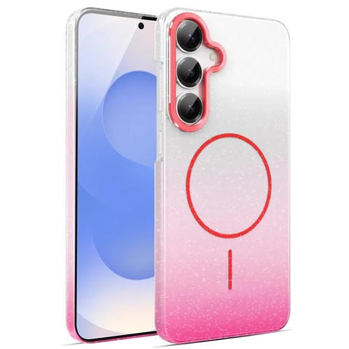 Funda MagSafe a prueba de golpes para Samsung Galaxy S25+ 5G con purpurina dorada y degradado (roja)
