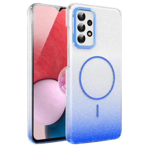 Funda MagSafe a prueba de golpes para Samsung Galaxy A13 4G con purpurina dorada y degradado (azul)