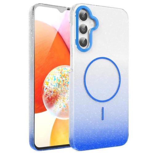Funda MagSafe a prueba de golpes para Samsung Galaxy A14 4G/5G con purpurina dorada y degradado (azul)