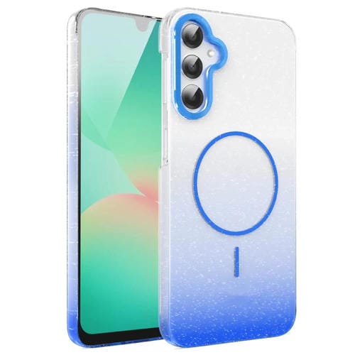 Funda MagSafe a prueba de golpes para Samsung Galaxy A25 5G con purpurina dorada y degradado (azul)
