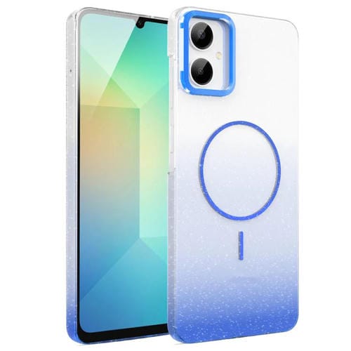 Funda MagSafe a prueba de golpes para Samsung Galaxy A06 4G con purpurina dorada y degradado (azul)