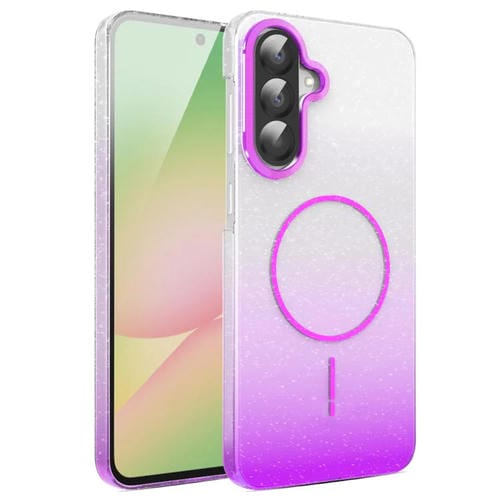 Funda MagSafe a prueba de golpes para Samsung Galaxy A56 5G con purpurina dorada y degradado (morado)